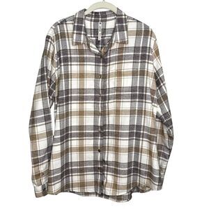 Kuhl Kamila Flannel Womens Shirt XL White Brown Plaid Button Up Long Sleeve